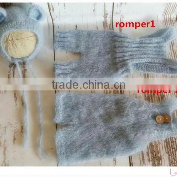 Newborn mohair bonnet and romper sets handmade knitted overall handmade knitted baby bear bonnet newborn hoodeed knit romper