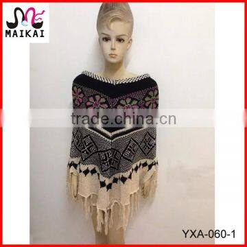 New design women's knitted pattern acrylic wholesale poncho