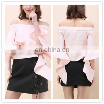 Ethereal Frilling Sleeves Elastic Off-shoulder Girls Top In Pink (17030201)