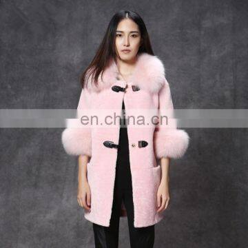 merino sheep shearling fur coat fox fur collar three quarter sleeve medium long parka