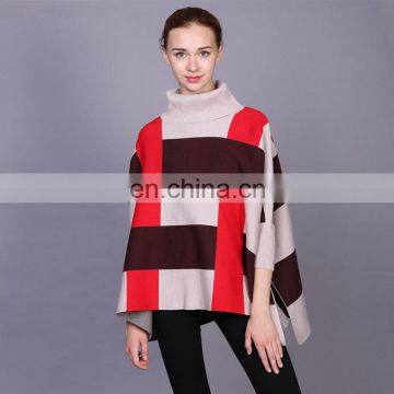 2017 wholesale women trendy knitted sweater multi color block turtuleneck poncho coats