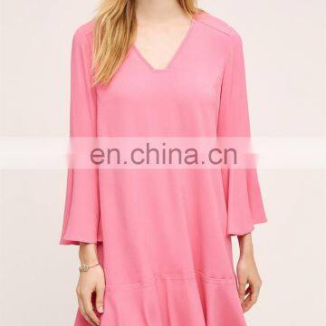 Many colors available casual one piece polyester belled sleeve and ruffled hem women dress