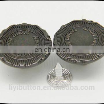 dark nickel zinc alloy shank button for jeans, stainless steel bottom, button factory in China