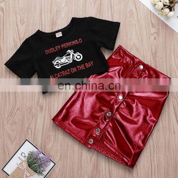 2019 Summer Girls Black Letter Top Tshirt & Kids Red Skirts 2pcs Set photo-2