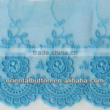 Elegant sky blue color polyester embroidery lace trimming