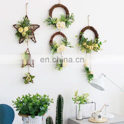 Wholesalers Rustic Style Faux Plants Rattan Floral 3-piece Set Wall Hanging Wreath Artificial Flowers Round & Star Boho Decor