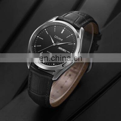 Utime Business Men's Watch Double Calendar Stainless Steel Case Band Genuine Leather Luminous Relogio Masculino U0003