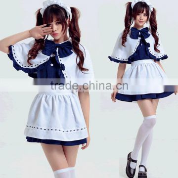 Cute Japanese girls easy short sleeve lolita maid blue cosplay costume dress with shawl