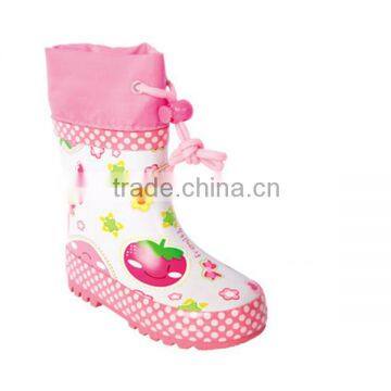 fancy girls printed waterproof rain boots with collar, cheap high quality kids rubber boots, antiskid vulcanized boots