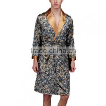 Wholesale Men Silk Satin Bathrobe V-Neck Long Sleeve Print Pocket Sleepwear