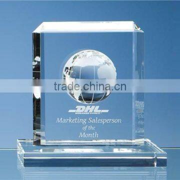 3D laser engraved world globe ball crystal block, crystal business award