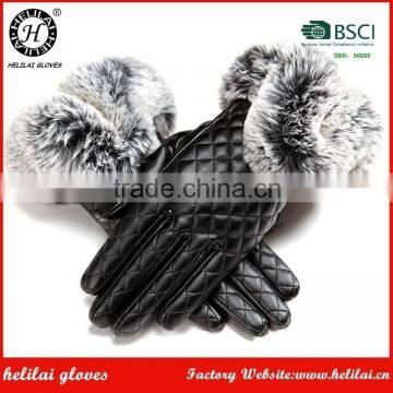 HELILAI Gloves Factory Black Fake Rabbit Fur PU Ladies Gloves