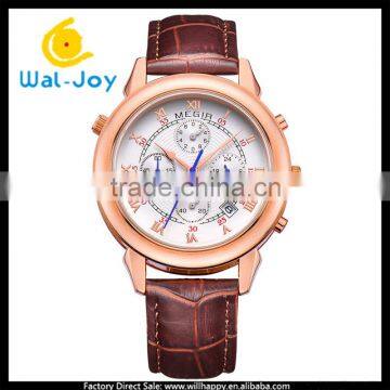 WJ-5496 complete calendar stylish high quality quartz Megir genuine leather strap watch