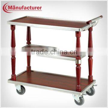 3 Layer Hotel Wood Food Service Handle Cart With Wheels/Coffee & Beverage Trolley