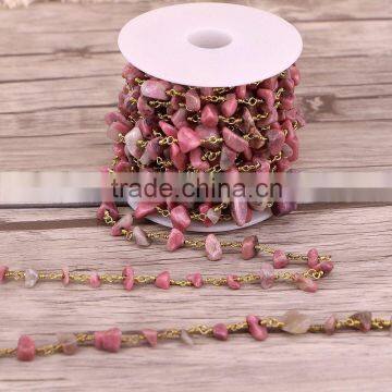 New Bronze Wire Wrapped Pink Gemstone Chips Beads Link Rosary Chains Jewelry Findingsry Chains