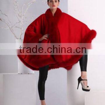 wholesale genuine cashmere cape with fox fur hood trim CC04