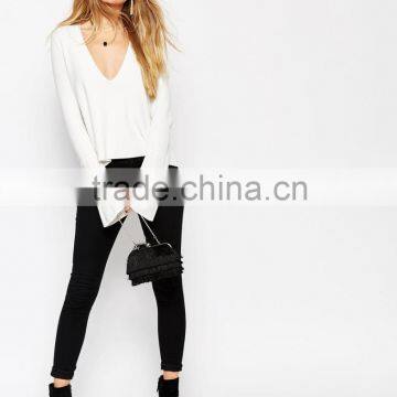 Newest Customized Women's Sweater With Deep V and Flared Sleeve Midweight Structured Knit
