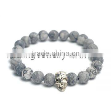 Natural Semi Precious Beads Map stone beads with Skull Charm bracelet for men jewelry