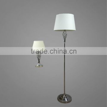 Chrome Plated Metal Base And Body With White Fabric Lampshade Floor Lamp And Table Lamp