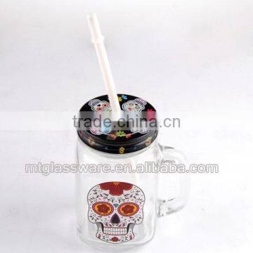 Halloween Smile Skull Decal Glass Mason Jar With Handle 16oz photo-4