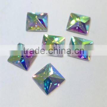 hot sell shinny square flat back glass mirror loose beads with holes for garment accessories