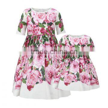 2017 Wholesale rose printed family mother and daughter fitted dress