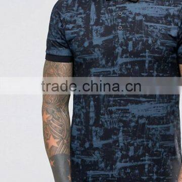 High Quality Custom Short Sleeve Button Placket Blue Men's Cotton/Spandex 200gsm Casual Slim Fit Printed Pattern Polo Tshirt photo-3