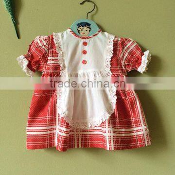 Hot sale lovely kids cotton clothes red plaid lace trim latest designs photos 2 year old baby girl dress