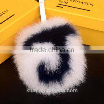 Real Fur Fox Pom Pom Keychains Handmade 15cm Ball Pendant for Bag Charm Pluffy Bag Bug Capital Letter A to Z