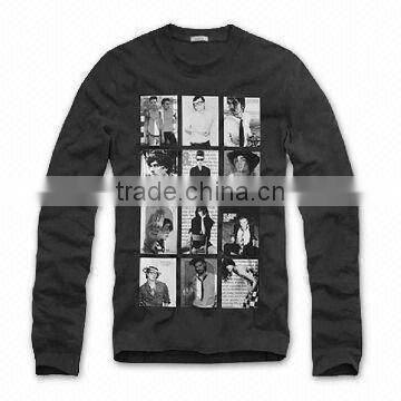 Fashionable Men's T-shirt with Long Sleeve Round Neck, Silkscreen Printing and Eco-friendly