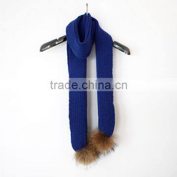 Myfur Royal Blue Customized Unisex Adult Striped Crochet Scarf with Detachable Raccoon Fur Pompoms