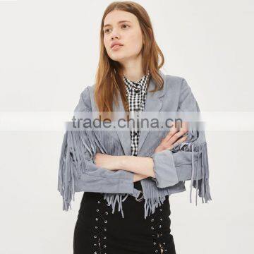 Lapel Collar Fringed Short Coat Womens Faux Suede Tassel Bomber Jacket photo-3