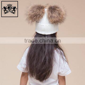 China Wholesale Custom Beanie Baby Real Raccoon Double Fur Balls Cute Kids Knitted Hat