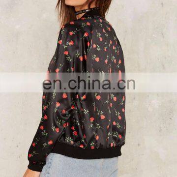 Oversized Black Satin Rose Print Bomber Jacket photo-3