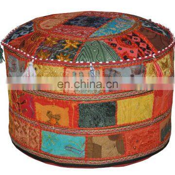 Indian Pouf Stool Vintage Patchwork Embellished with Patchwork Living Room Ottoman Cover