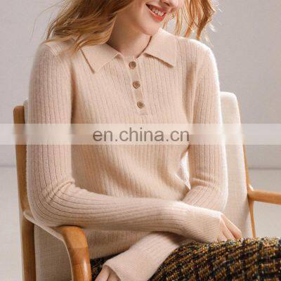 Women Casual Polo Neck Cable Knit Cashmere Sweater With Button photo-5