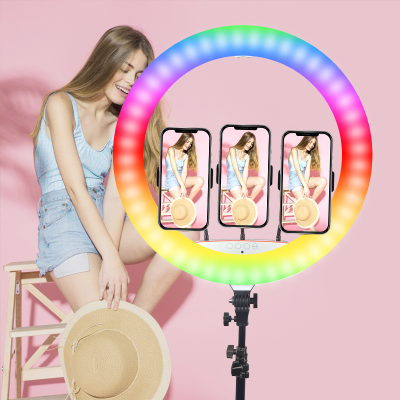 22 inch photographic rechargeable 3 phone holders custom selfie video 22inch led RGB ring fill light lamp with tripod stand