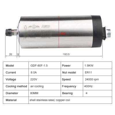 CNC Spindle 1.5Kw 220V 380V Air-Cooled Spindle Motor Φ80x195 ER11 Chuck 4 Bearing For CNC Router Woodworking Engraving Machine photo-3