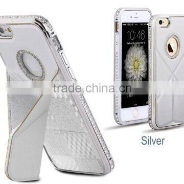 Luxury Plaid Pattern Cowhide Leather Back Cover With Kickstand Diamond Chrome Edged Bumper Hard Case for Iphone6 6plus photo-2