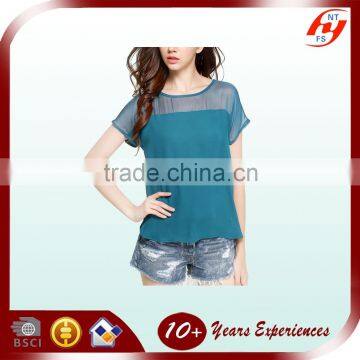 Custom Made Elelgant Lady Green Short Sleeve Chiffon Polyester Tops Design Woman Sexy See Though Blouse