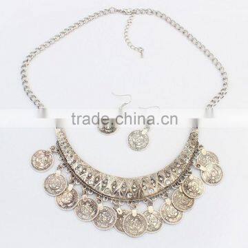 Made in China online wholesale European and American Vintage Gold Silver Coin Statement Chain Hoop Earrings Necklace Jewelry Set