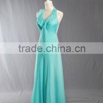 V Neck Halter Silk Chiffon Aqua Sheath Evening Dress with Ruffled Neckline EY0037