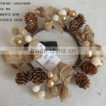 Natural color handemade artificial candle ring burlap with real pinecone and foam berry table decorations