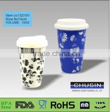 double wall printing ceramic tea cup with colorful silicone lid wholesale