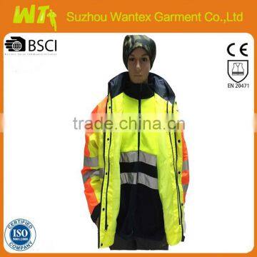 EN20471/343 Fluo-yellow/orange Winter Waterproof Winter Men 7 in 1 Bomber Jacket Park With Reflector