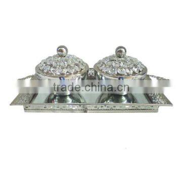 Silver crystal decorated dry fruit 2 pcs bowl set with serving tray, Salad bowl set