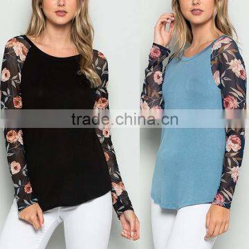 nylon polyester t shirt Floral Mesh Long Sleeve Raglan Tee chiffon blouse designs