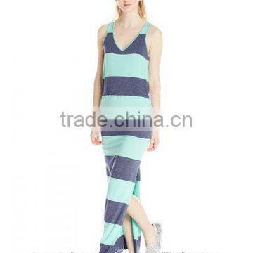 Woman Casual Maxi Dress With Stripe V Neck Guangzhou New Fashion Style Jersey Bodycon Sleeveless Stripe Knit Maxi Dress (Juniors photo-5