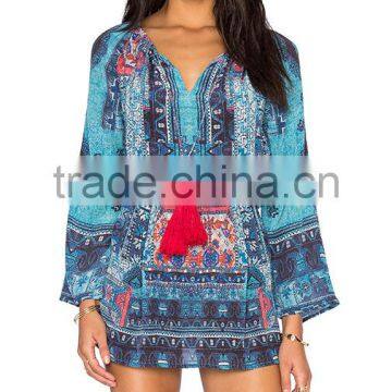 Boho Bohemian Clothing Silk Printing Mini Dress With Fringe Names Of Girls Dresses 2016 HSD5812 photo-2