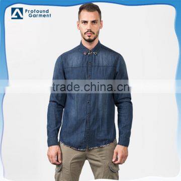 Latest design cotton custom washed light blue long sleeve denim shirts for men